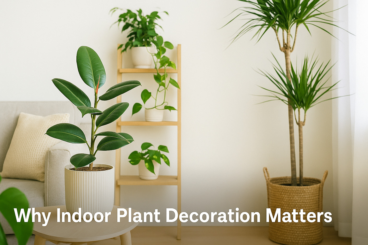 Bright living room corner with indoor plant decoration, including a rubber plant, dragon tree, and trailing vines on wooden shelves, highlighting the importance of decorating with houseplants